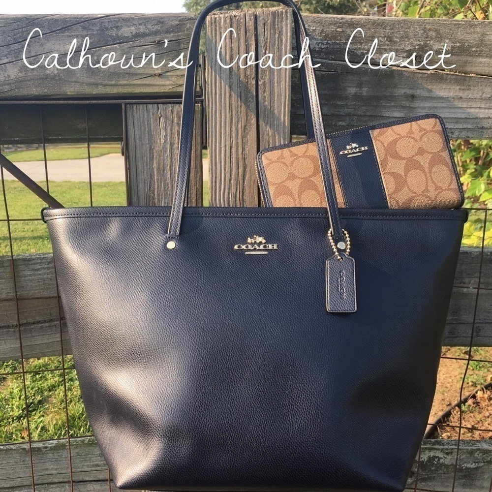 Coach Navy Zipper City Tote & Accordion Wallet Set Midnight Blue Bag - Picture 7 of 7